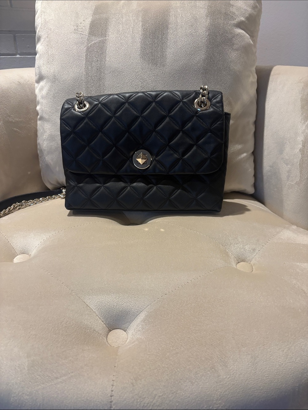 kate spade Black Quilted Leather Shoulder Bag with Silver Hardware